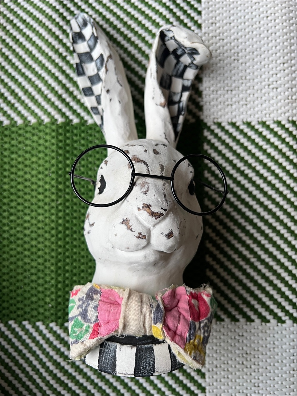 Whimsical Bunny Bust with Round Glasses and Floral Bow - Hand painted accents.